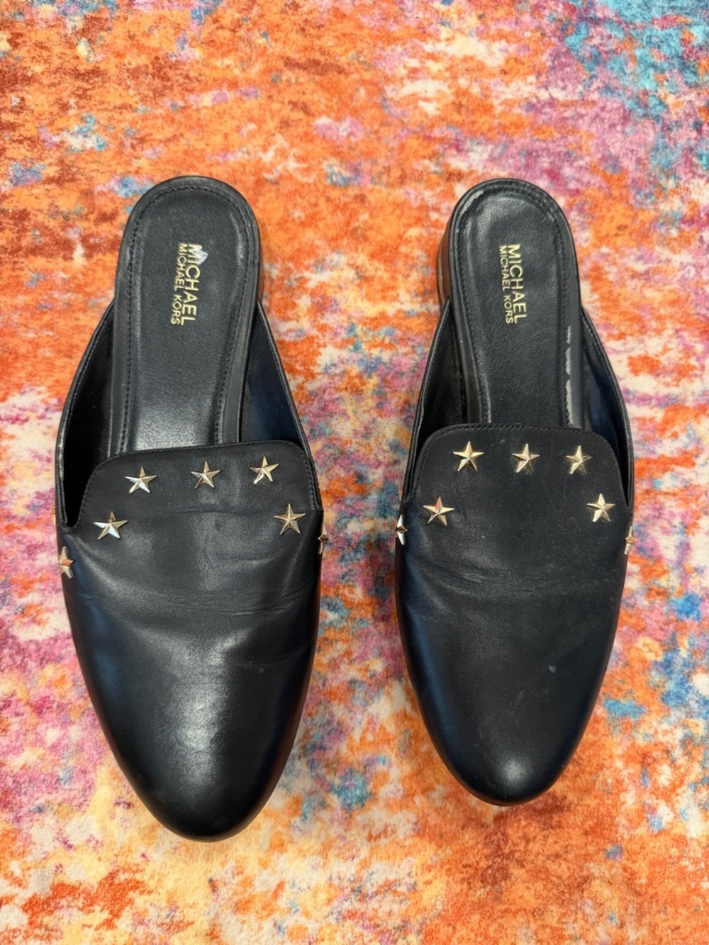 Michael Kors Black Leather Star Accent Slip-On Mules 8